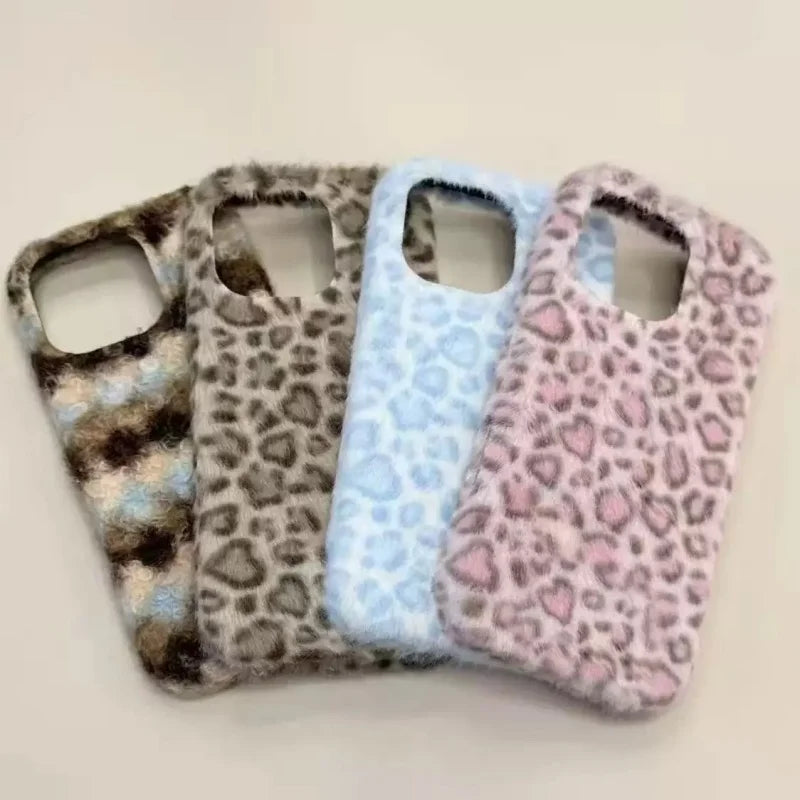 Winter Luxury Leopard fluffy Hand Warmer Plush Case For iPhone