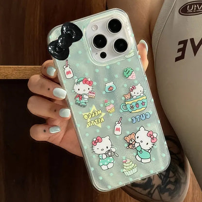 Hello Kitty Bow Green Wave Point Phone Case For iPhone