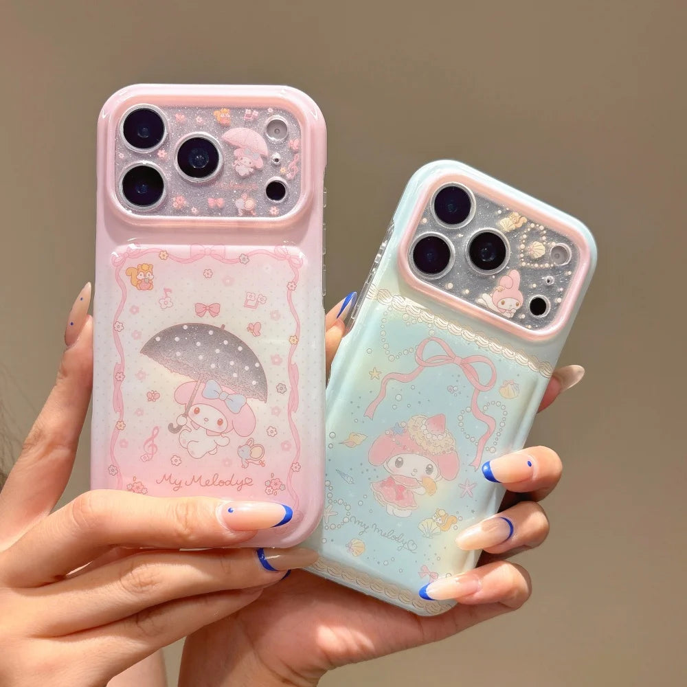 Double Glitter Gradient My Melody Phone Case Large Sparkle Window Lens Cute Cartoon Shockproof Cover For iPhone
