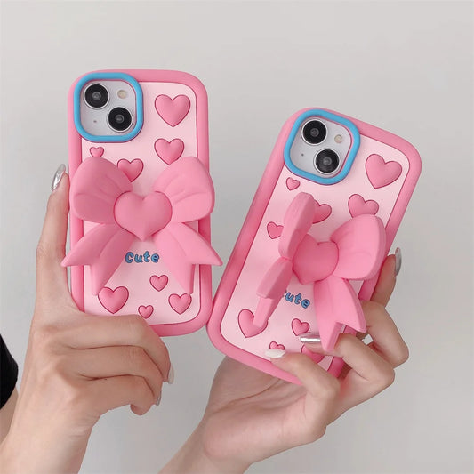 3D Cartoon Pink Love Bow Holder Phone Case