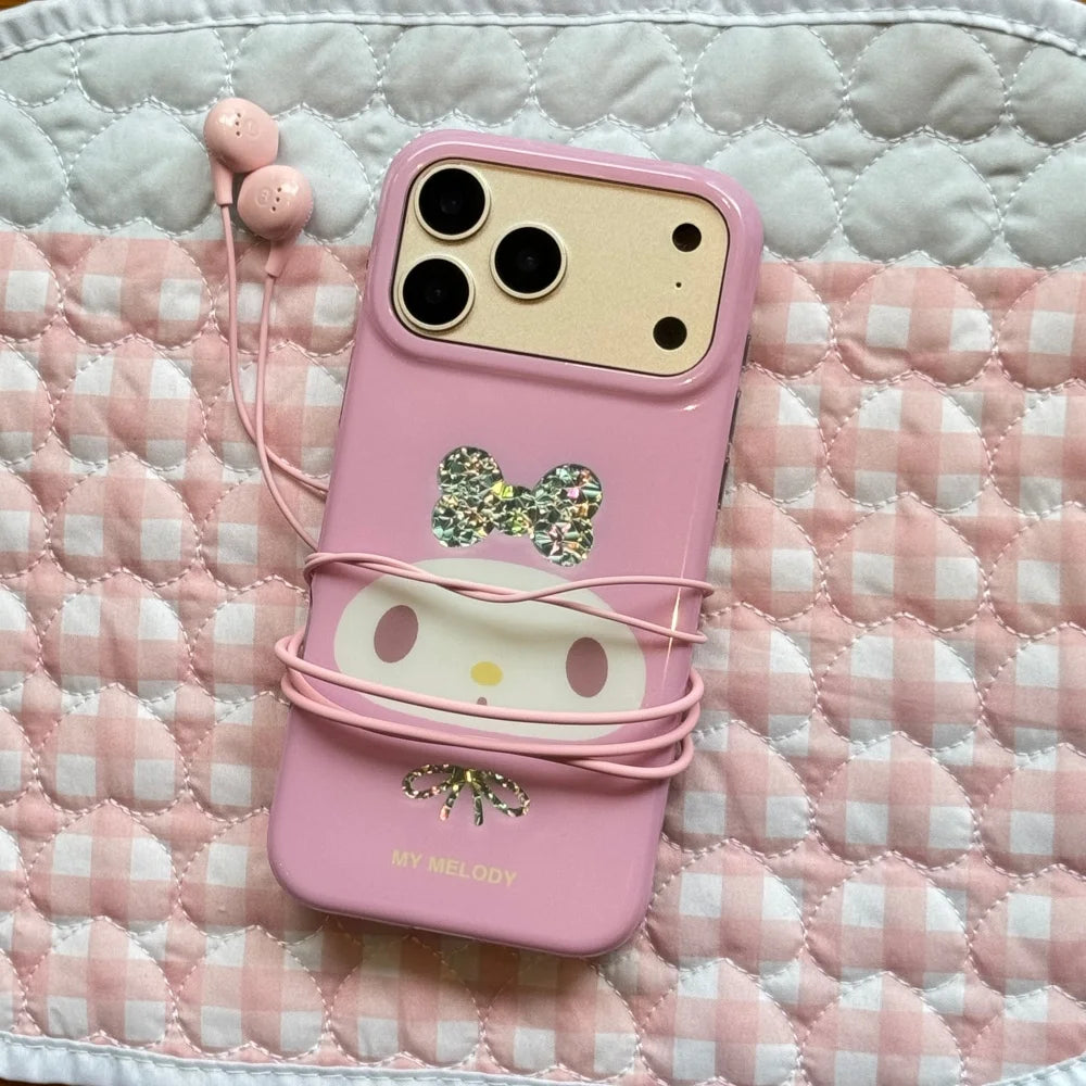 Cute My Melody IMD Glossy Phone Case Glitter Bow Soft Shockproof Cover For iPhone