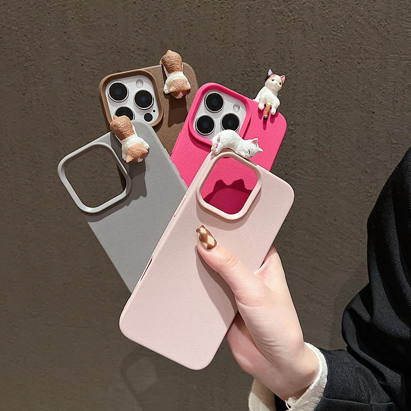 Cute 3D Cartoon Lying Cat Lychee Pattern Leather Phone Case For iPhone