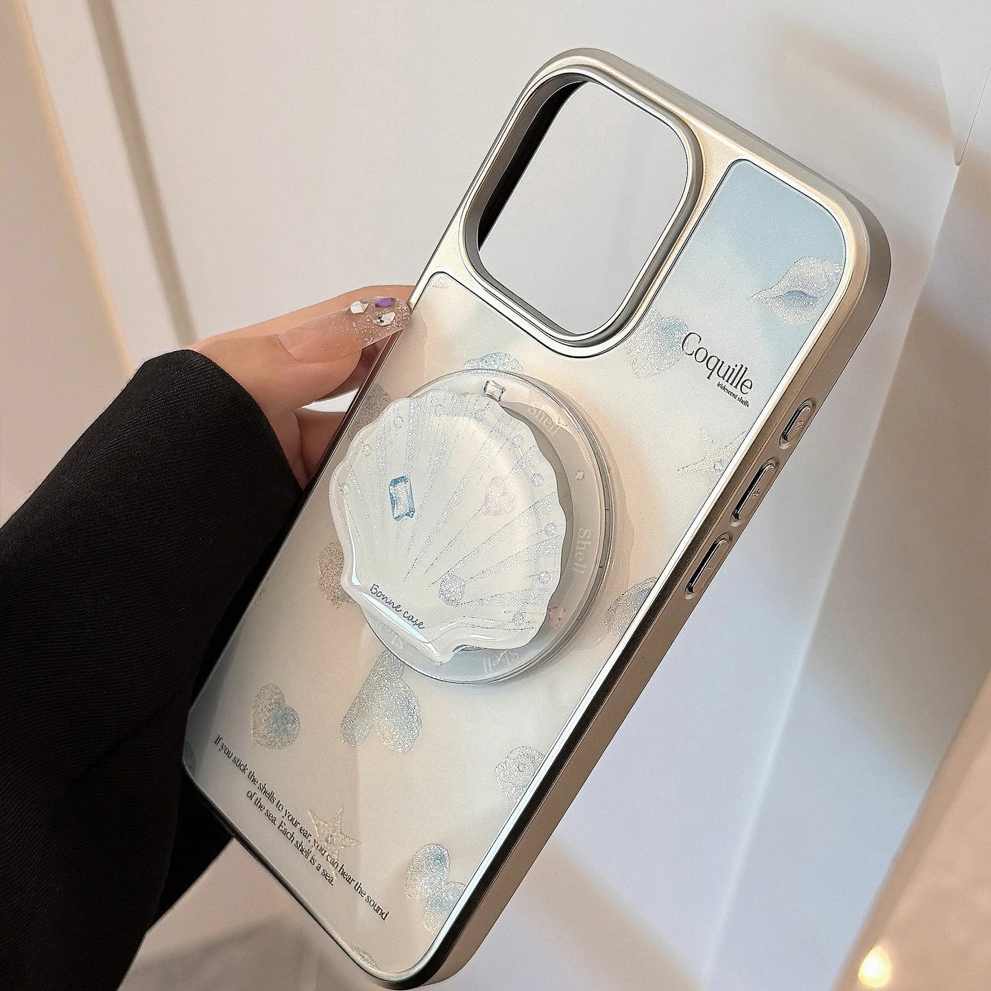 Summer Blue Ocean Shell Bracket Sparkly Glitter Magnetic Phone Case For iPhone