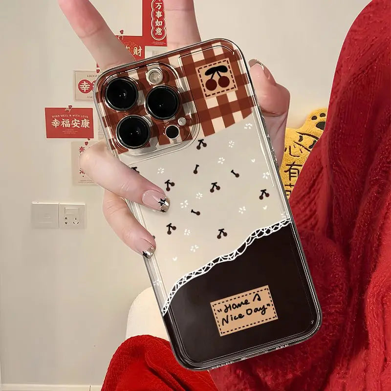 Checkered Cherry With Small Flowers Protective Phone Case