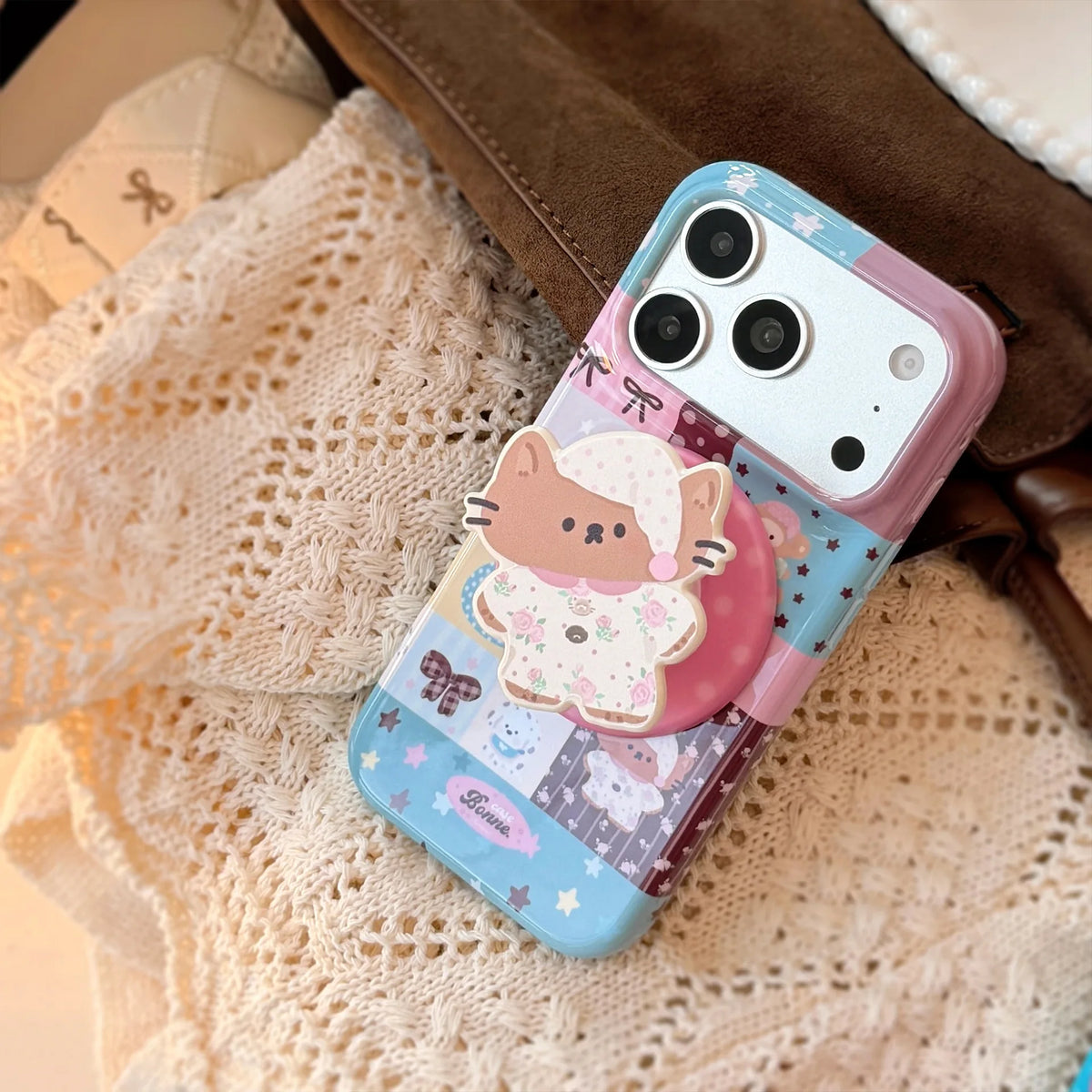 Korean Splicing Cartoon Nightwear Kitten Doll Magnetic Bracket Phone Case For iPhone
