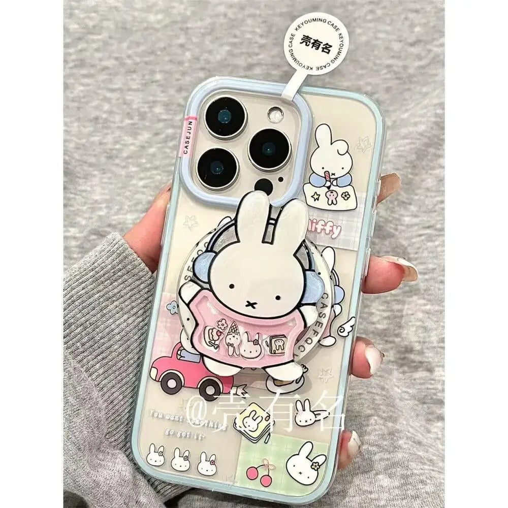 Cartoon Driving Miffy Phone Case Kawaii Listening Music Miffy Rabbit Magnetic Bracket Phone Case Suitable For iPhone