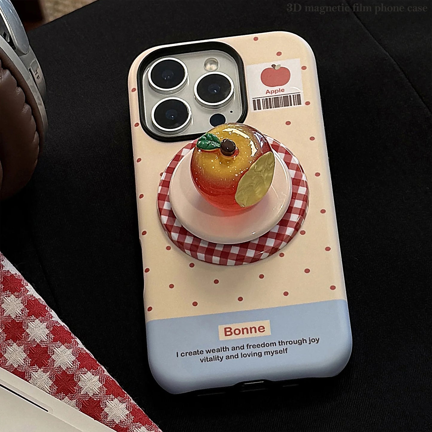 Cute Polka Dots 3D Luminous Crystal Apple Lattice Bracket Magnetic Phone Case For iPhone