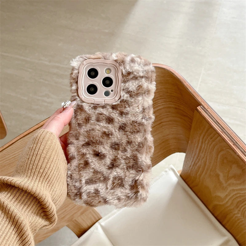 Ins New Fluffy Plush Leopard Print Winter Phone Case For iPhone