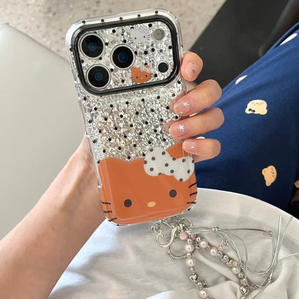 Black Polka Dot Hello Kitty Phone Case With Lanyard Shockproof Large Window Lens Protective Cover For iPhone
