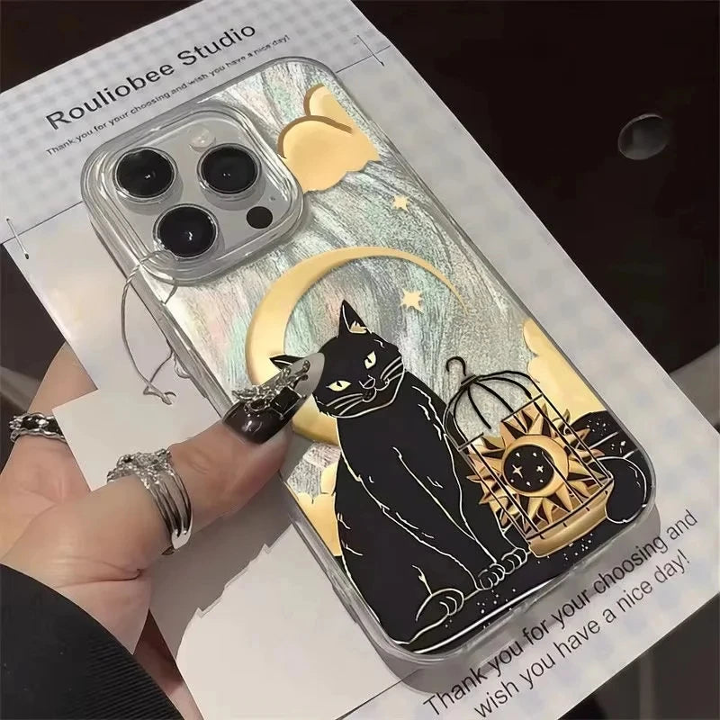 Black Cat Moon Star Birdcage Aesthetic Reflective Case For iPhone