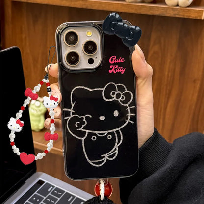 Black Wink Hello Kitty Bow Strap Stand Phone Case For iPhone