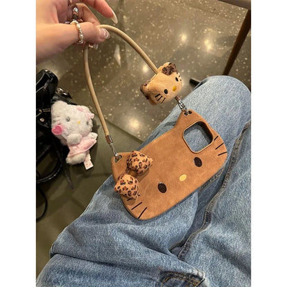 Hello Kitty Leather 3D Bow Brown Phone Case For iPhone