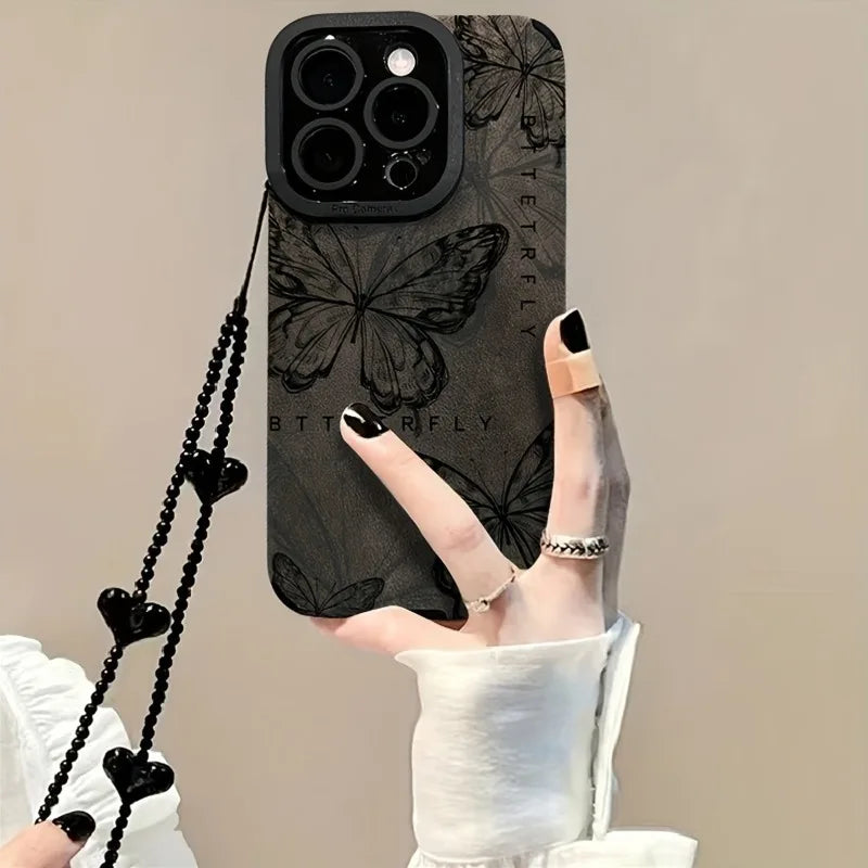 Retro Sketch Butterfly 3D Heart Lanyard Phone Case For iPhone