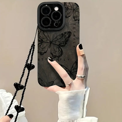 Retro Sketch Butterfly 3D Heart Lanyard Phone Case For iPhone
