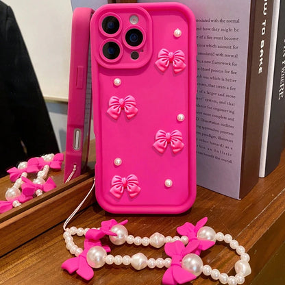 Korean 3D Bowknot Pearl Silicone Phone Case For iPhone