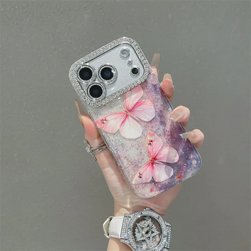 Luxury Diamond Sequins Pink Butterfly Phone Case For iPhone