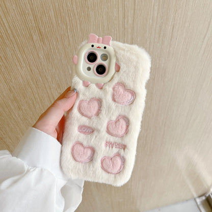 Korean Cute Love Heart Plush Warm Fluffy Phone Case For iPhone