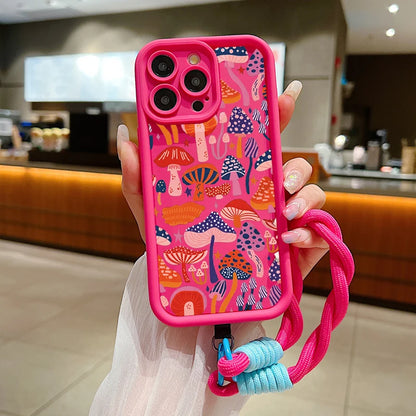 Colorful Mushroom Silicone Lanyard Rope Phone Case For IPhone