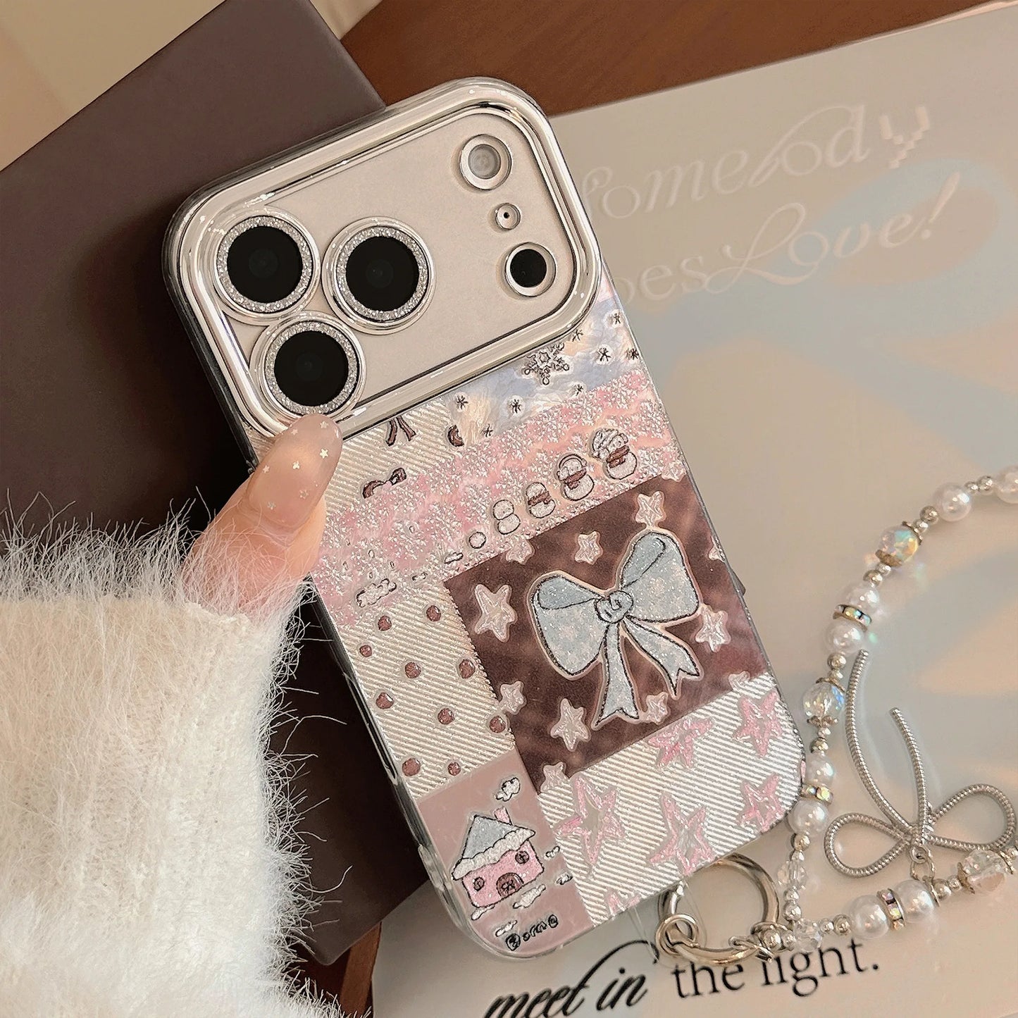 Korean Bowknot Splicing Phone Case With Chain For iPhone