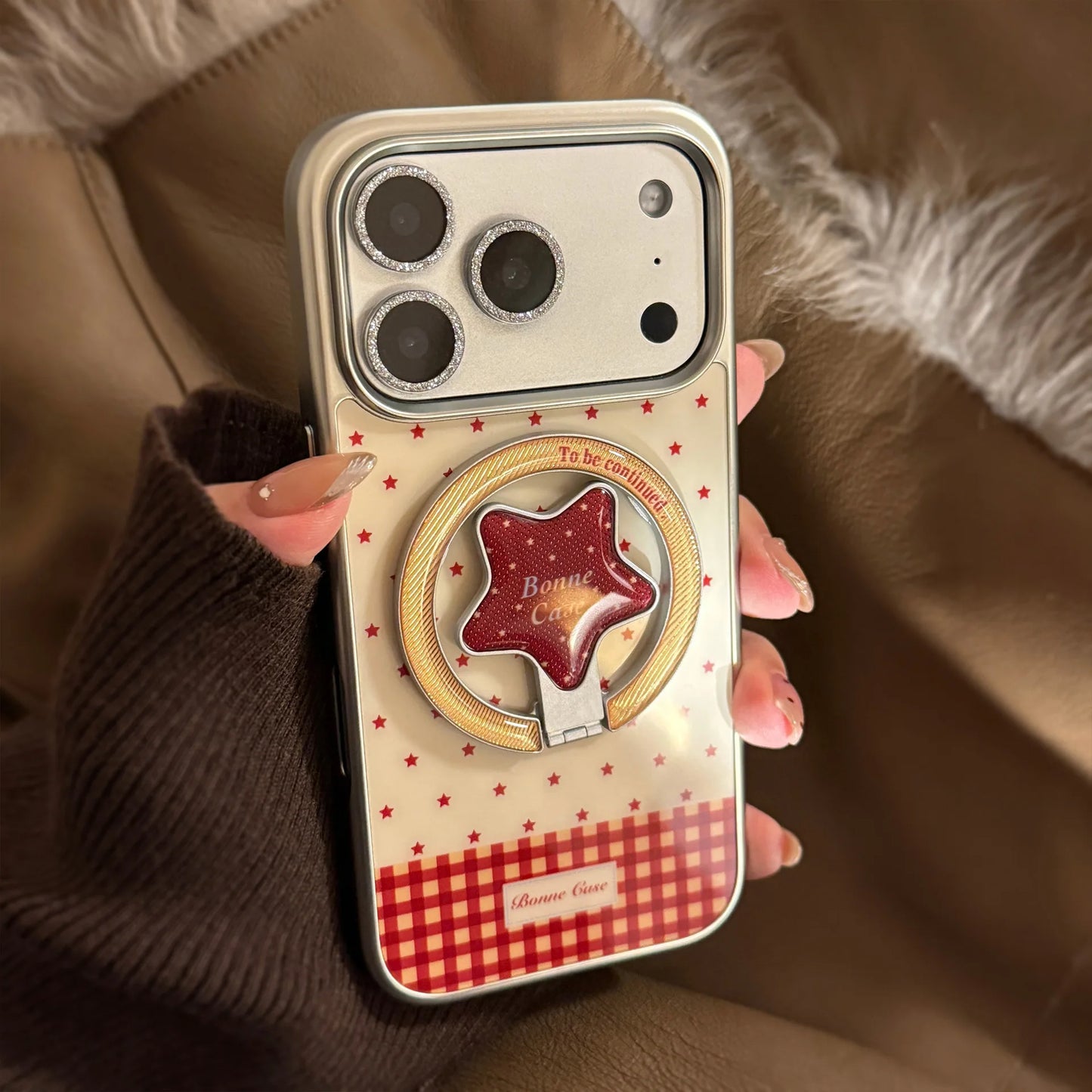 Korean Red Stars Fold Stars Magnetic Bracket Plating Phone Case For iPhone