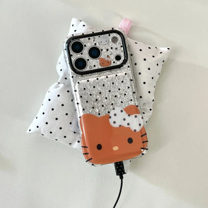 Black Polka Dot Hello Kitty Phone Case With Lanyard Shockproof Large Window Lens Protective Cover For iPhone