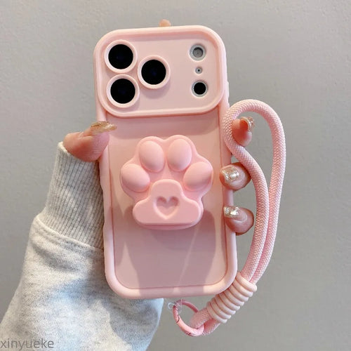 Cute Cat Paws Stand With Lanyard Phone Case For iPhone