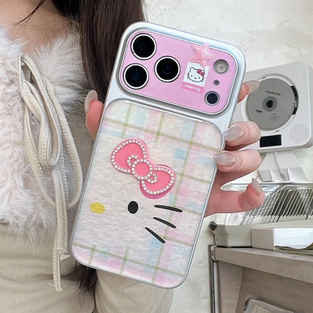 Luxury Cute Drip Glue Color Changing Grid Pattern Kitty Phone Case For iPhone