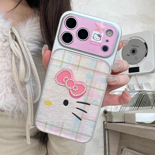 Luxury Cute Drip Glue Color Changing Grid Pattern Kitty Phone Case For iPhone