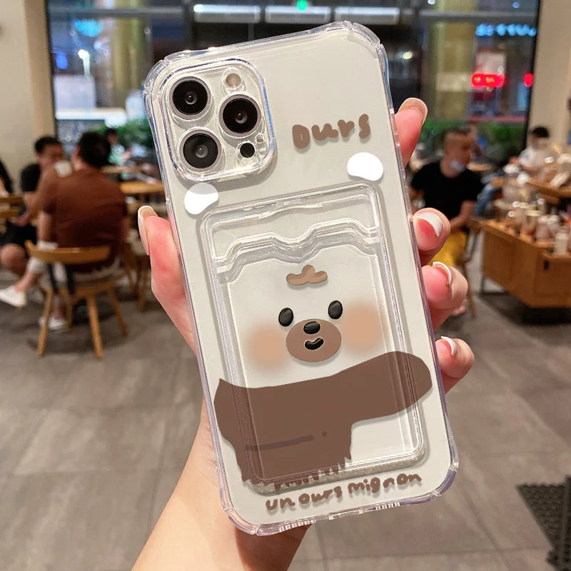 Cute Cartoon Puppy With Card Holder Clear Phone Case For iPhone