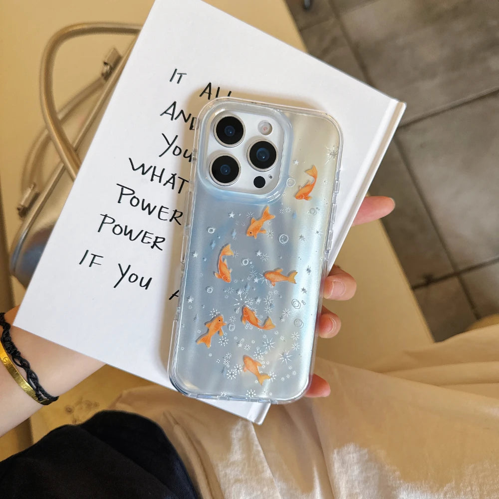 Creative INS Gradient Blue Goldfish & Star Patterns with Beaded Charm Phone Case