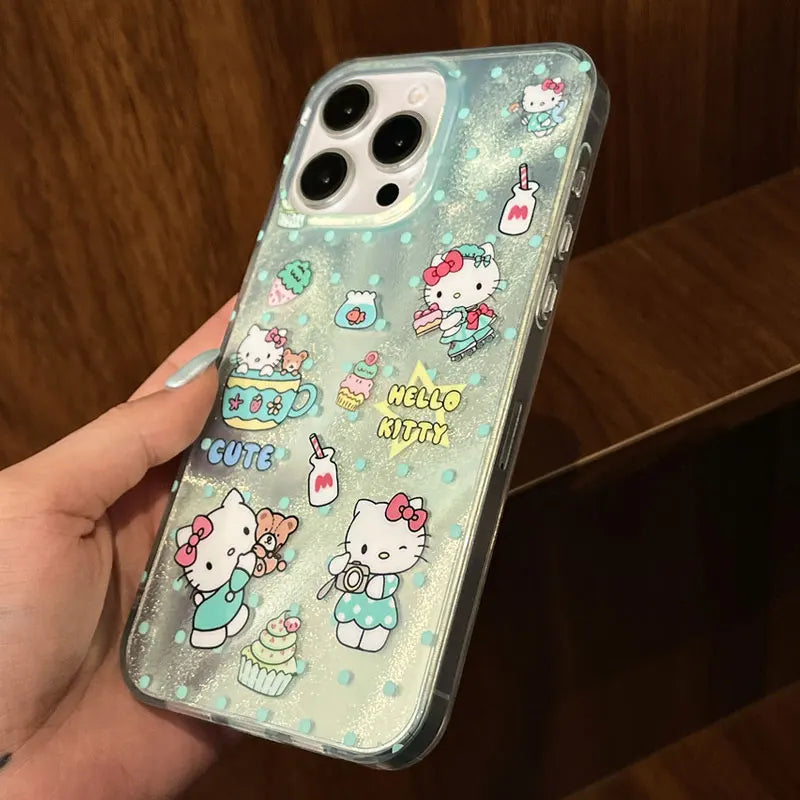 Hello Kitty Bow Green Wave Point Phone Case For iPhone