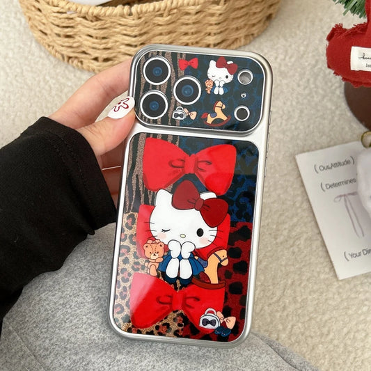 Luxury Cute Silver Framed Leopard Print Red Bow Kitty Phone Case For iPhone