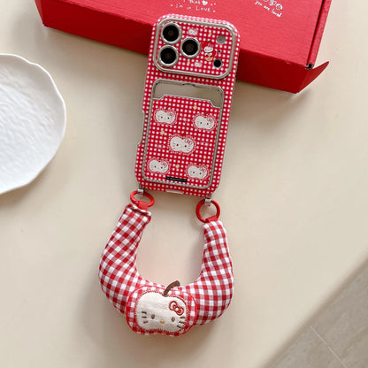 Cute Red Checkered Kitty Cat With Wristband Phone Case For iPhone