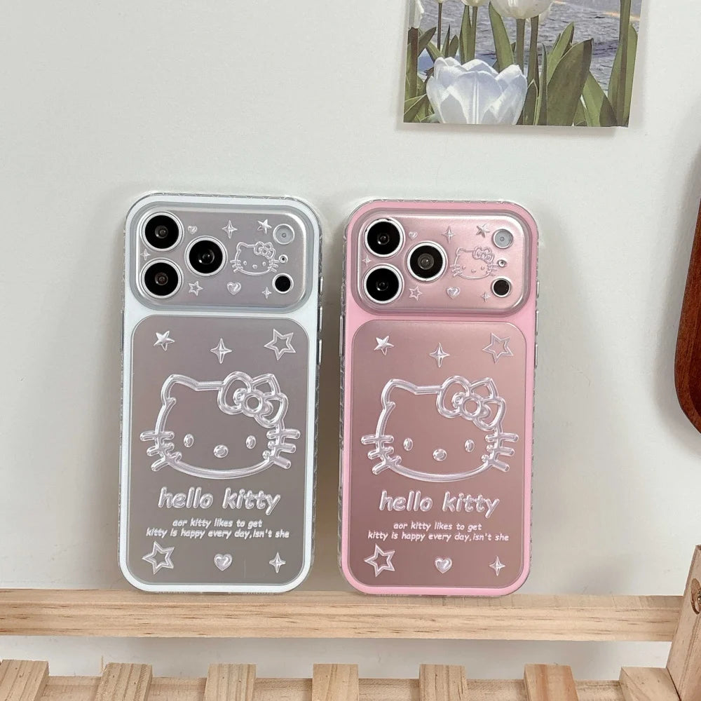 Cute Cartoon Pink Silver Bottom Star Kitty Head Phone Case For iPhone