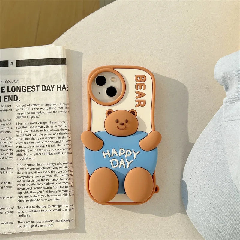 3D Cute Cartoon Fat Bear Silicone Telescopic Bracket Phone Case For iPhone