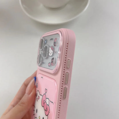 Pink Leather Hello Kitty Phone Case With Bead Wrist Lanyard Shockproof Cute Cartoon Protective Cover For iPhone
