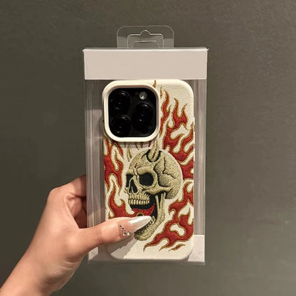 Flame Skull Embroidery Pattern Lychee Texture Phone Case For iPhone