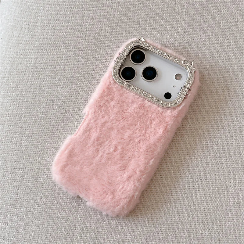 Luxury Solid Colors Diamond Fluffy Fur Plush Phone Case For iPhone