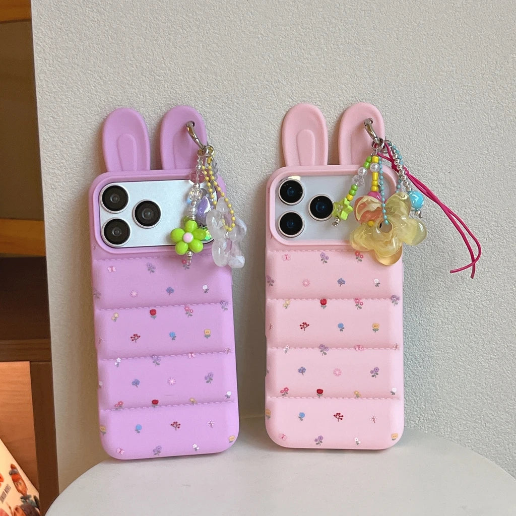 Sweet Cute Flowers Print Stereoscopic Rabbit Ears With Pendant Shock Proof Phone Cover Case For iPhone