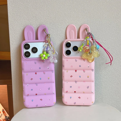 Sweet Cute Flowers Print Stereoscopic Rabbit Ears With Pendant Shock Proof Phone Cover Case For iPhone