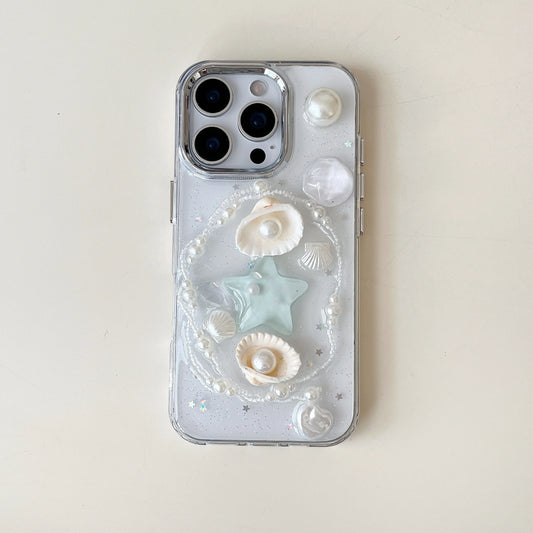 Sweet Summer Vibe Transparent 3D Pearl Shell & Starfish Decor Lovely Phone Case