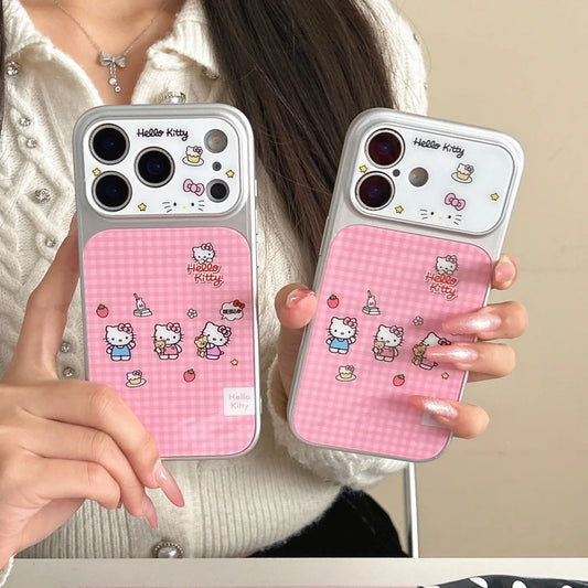Luxury Pink Checkered Three Kitty Cats Phone Case For iPhone