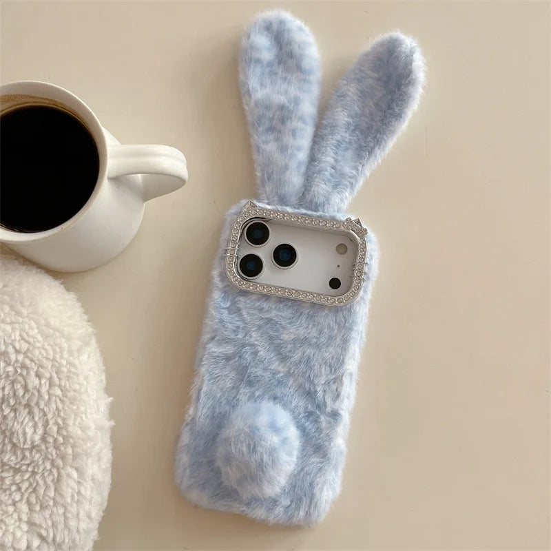 Cute Cartoon Leopard Print Rabbit Ears Furry Plush Phone Case For iPhone