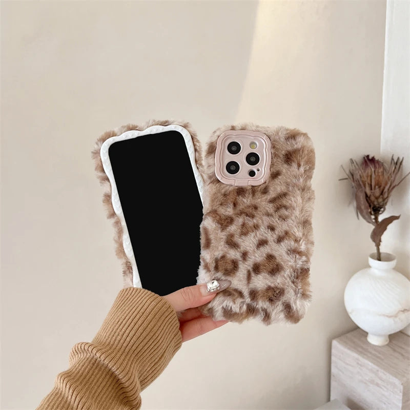 Ins New Fluffy Plush Leopard Print Winter Phone Case For iPhone