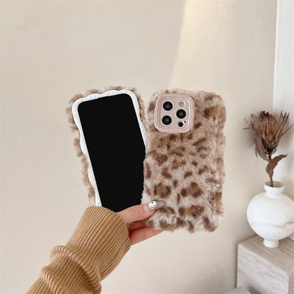 Ins New Fluffy Plush Leopard Print Winter Phone Case For iPhone
