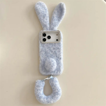 Cute Cartoon Leopard Print Rabbit Ears Furry Plush Phone Case For iPhone