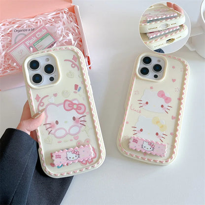 3D Ears Cute Cartoon Hello Kitty Invisible Bracket Phone Case For iPhone