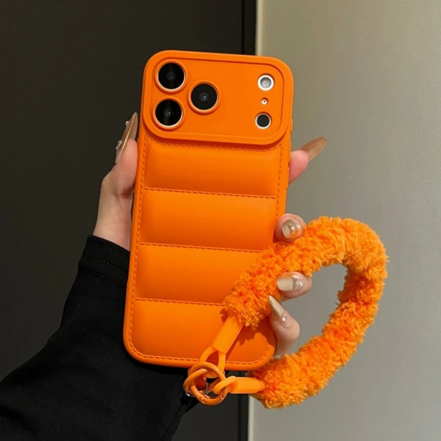 Luxury Down Jacket Furry Lanyard Case For iPhone