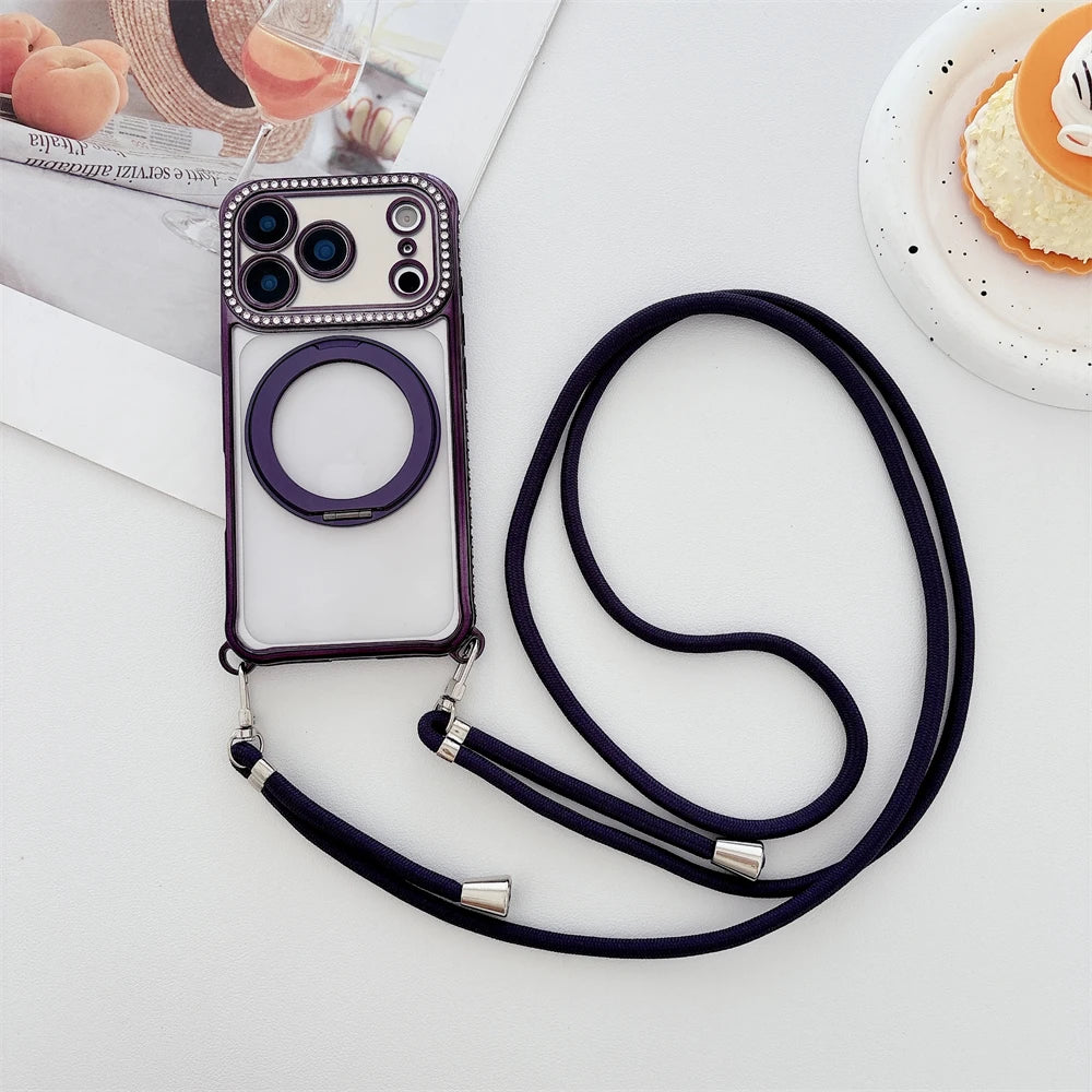 Flash Diamond Necklace Cord Rope Lanyard Plating Magnetic Clear Bracket Case For iPhone