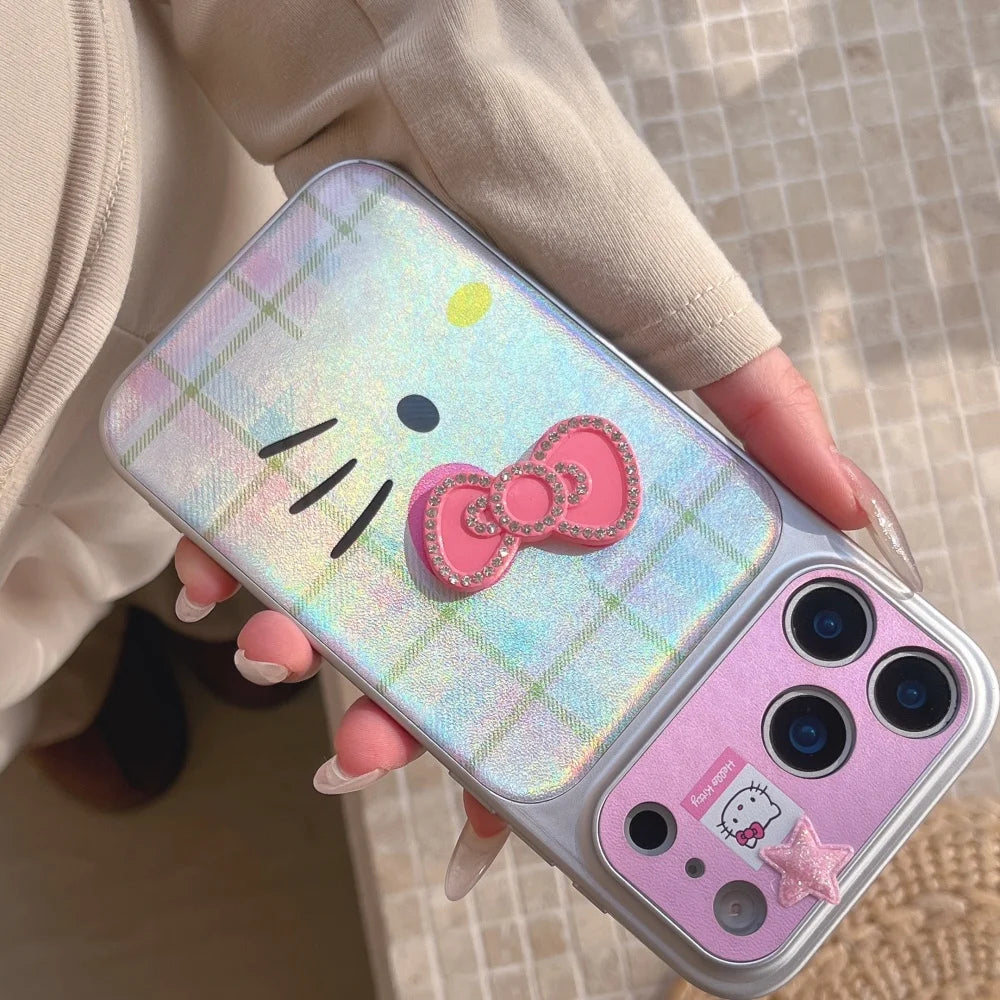 Luxury Cute Drip Glue Color Changing Grid Pattern Kitty Phone Case For iPhone